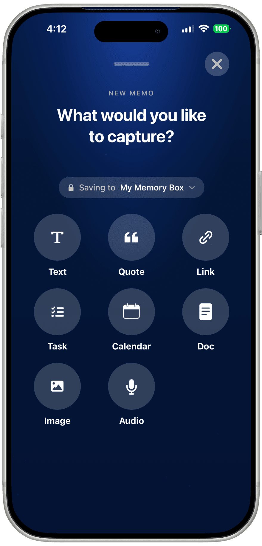 MindFeed iOS app — choosing what to capture: text, quote, link, task and more