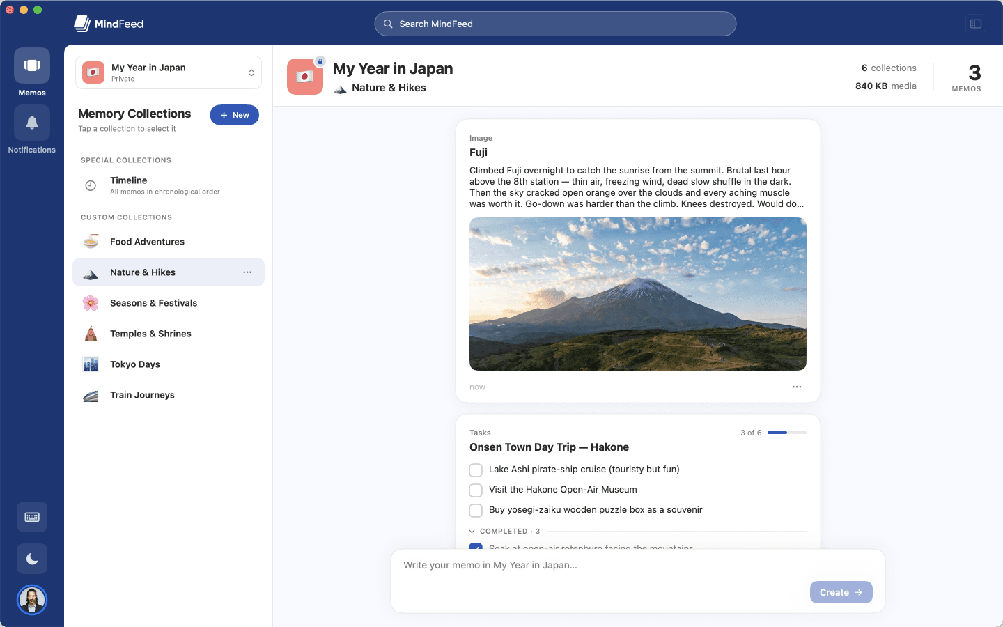 MindFeed desktop app — a memory collection of photos, notes and task lists